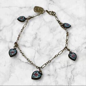 Lucy Isaacs NYC Enamel 5 Heart Bracelet Dainty Designer 6.75” Blue & Pink Roses